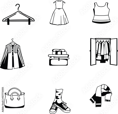 Clothing wardrobe vector icons collection fashion apparel hanger dress bag shoes scarf illustration style 100