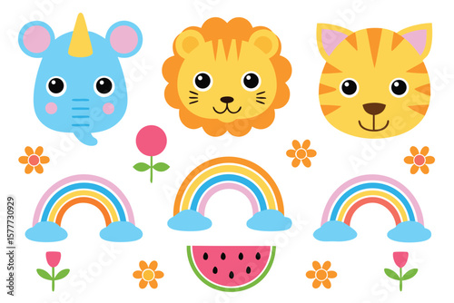 Cute Cartoon Animals Rainbows Flowers Watermelon Childrens Design