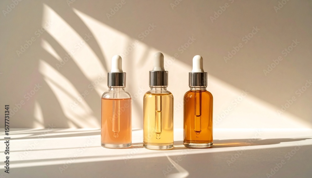 Naklejka premium Three different colored bottles, each with a dropper inside. The bottles are standing on a flat surface, with the shadow of leaves and branch.