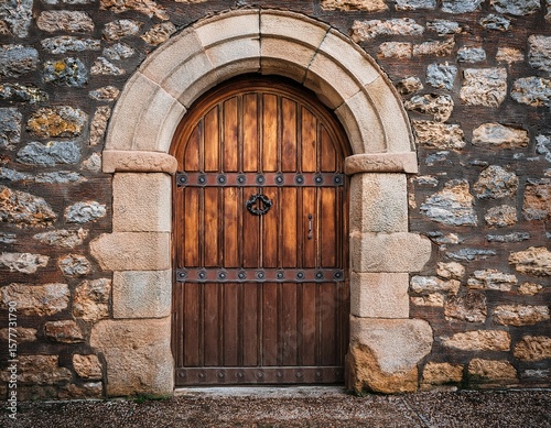 beautiful old wooden door in a stone wall close up