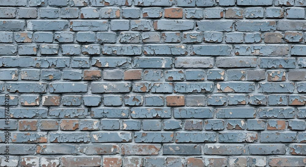 Fototapeta premium A close up of a brick wall with peeling paint showing signs of age and weathering over time