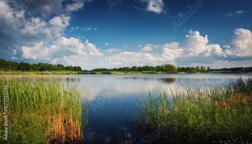 view of a calm lake with growing reeds and clouds in the sky stankow poland