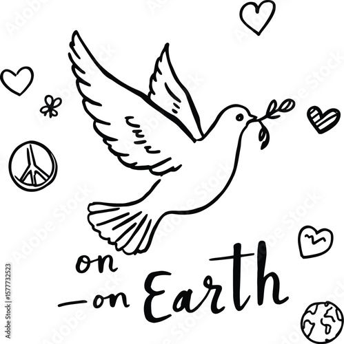 Peace dove vector illustration with hearts and earth for world peace day drawing and design element