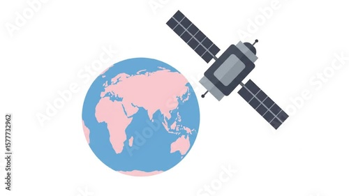 2D vector design video illustration of a satellite orbiting the Earth, representing science, space exploration, and modern technology. Suitable for educational and technology themes.