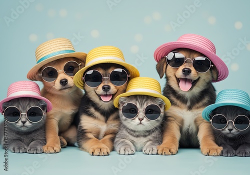 Group of pets in summer hats and glasses posing together