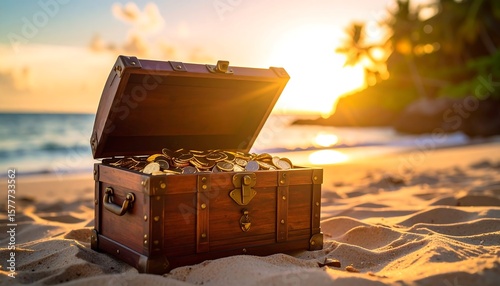 Fototapeta Naklejka Na Ścianę i Meble -  Treasure chest on a beach at sunset (1)