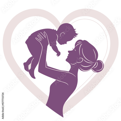 Loving mother holding her baby up in the air inside a heart shape symbol of family love and care isolated on transparent background