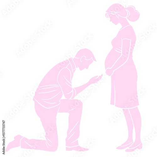 Loving husband on one knee gently touching pregnant wife s belly with affection and care isolated on transparent background
