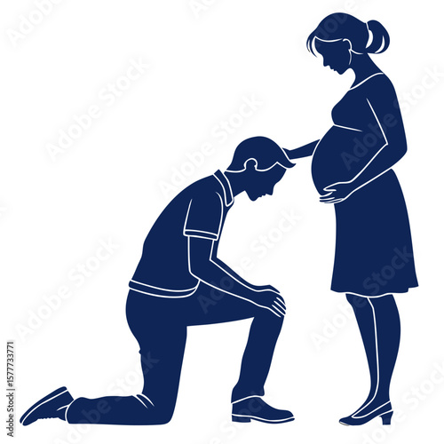 Loving father kneeling to touch pregnant wife s belly with affection and care isolated on transparent background