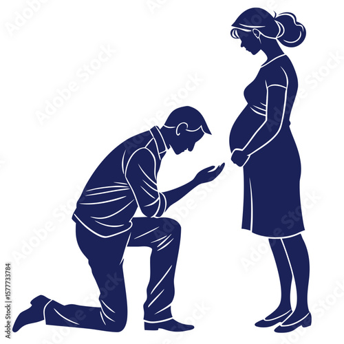 Man kneeling and touching pregnant woman s belly showing love and care for their unborn baby isolated on transparent background