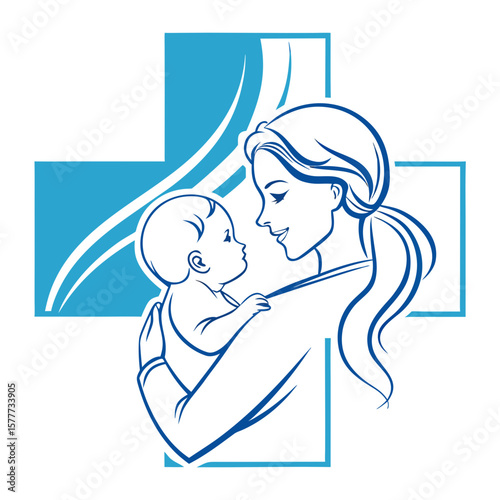 Stylized blue mother holding baby with gentle embrace against a medical cross symbol isolated on transparent background