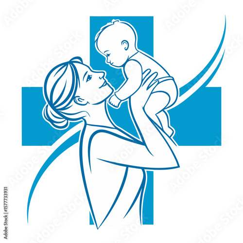 Loving mother holding her baby up in the air with a medical cross and swoosh in the background isolated on transparent background