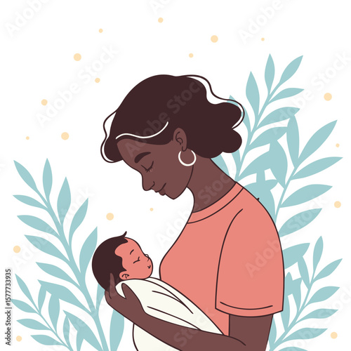 Loving mother tenderly holding her sleeping baby surrounded by gentle foliage and soft glowing dots isolated on transparent background