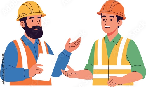 Two construction workers discussing plans wearing safety vests and helmets