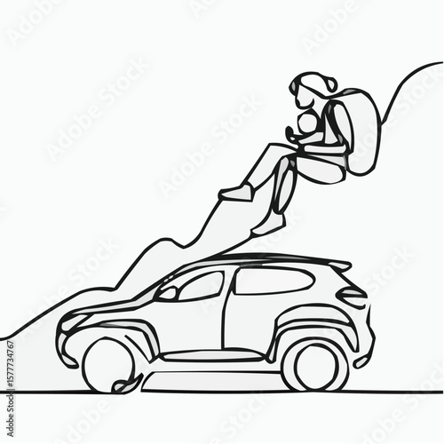 Mother and baby icon with backpack sitting on mountain over car  