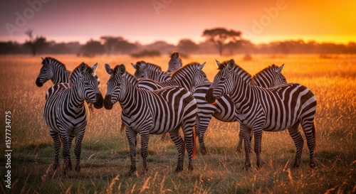 A herd of zebras gathers on a grassy savanna during a vibrant African sunset casting warm golden light on the plains and their striped coats