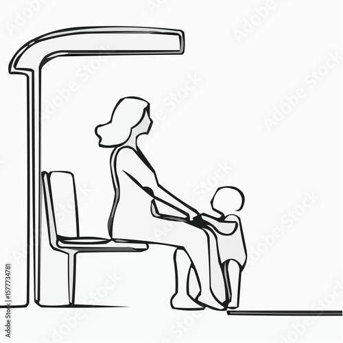 Mother and baby icon sitting on a bench in minimalist style  