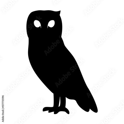 Simple silhouette of an owl standing and looking forward with big eyes