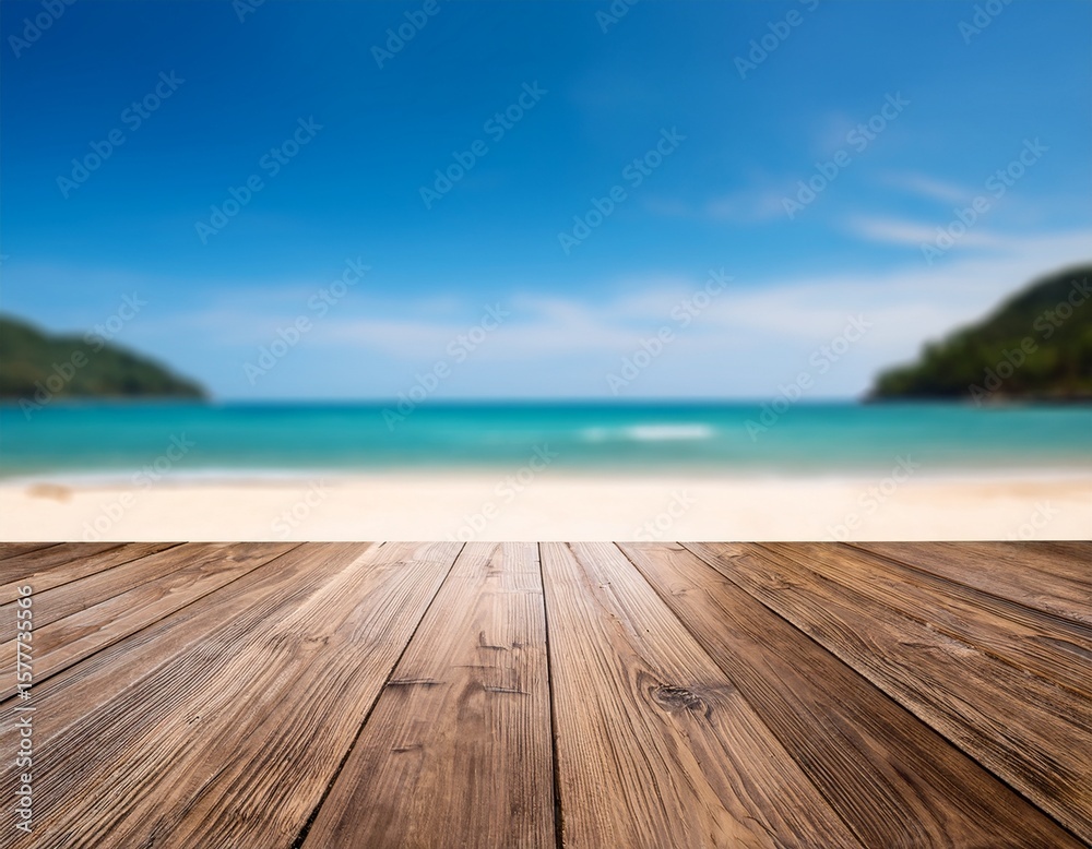 Fototapeta premium empty wooden planks with blur beach and sea on background