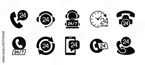24 hour phone call service icon vector set. Contains help center, assistance, support, contact us, calling, operator, consultation, communication, time work, hot line, assistant. Illustration