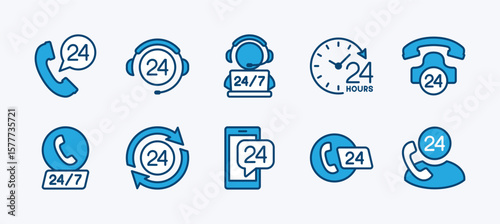 Set of 24 hour phone call service icon. Contains help center, assistance, support, contact us, calling, operator, consultation, communication, time work, hot line, assistant. Vector illustration