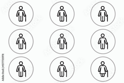 Nine Simple Icons of Elderly People with Canes