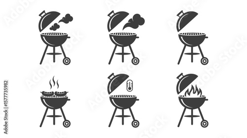 Black Grill Icons with Smoke, Fire, Thermometer, and Food on a White Background