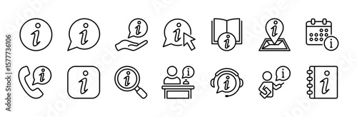 Info or information icon set. Contains chat button, contact call, schedule date, place location, receptionist, instruction or guide book, manual help, support, service. Vector illustration