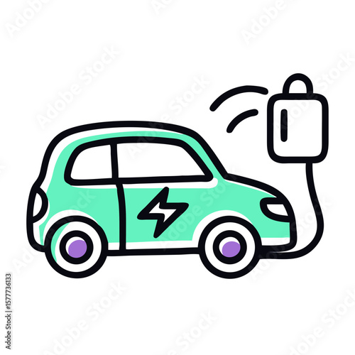 An electric car, outlined in black and filled with green, is charging with a cable connected to a charging station.