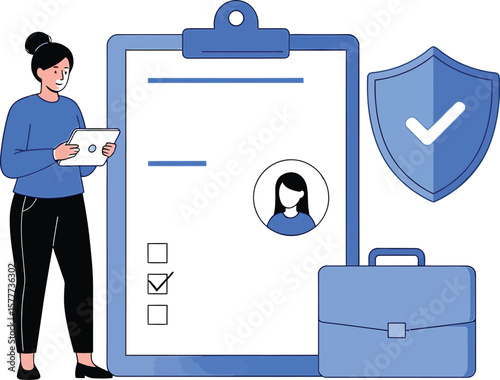 Woman with tablet standing next to clipboard and security shield icon