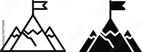 Mountain Summit Flag Icon Vector, Achievement Success Outline and Solid Symbol