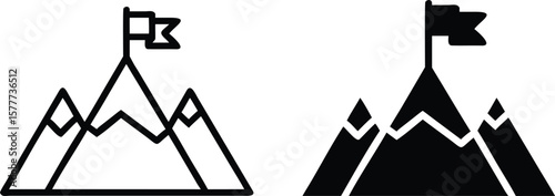 Mountain Peak Icon with Flag Vector, Achievement Success Outline and Solid Symbol