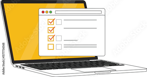 Laptop displaying a checklist with marked boxes on a yellow background