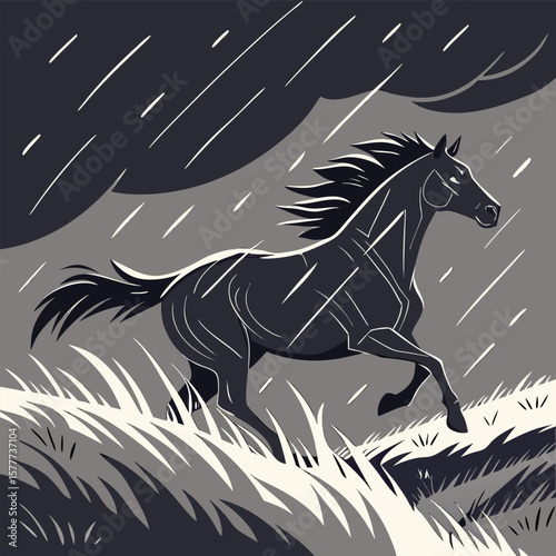A powerful black horse running through a stormy field dynamic action shot dark mood high realism centered on t-shirt