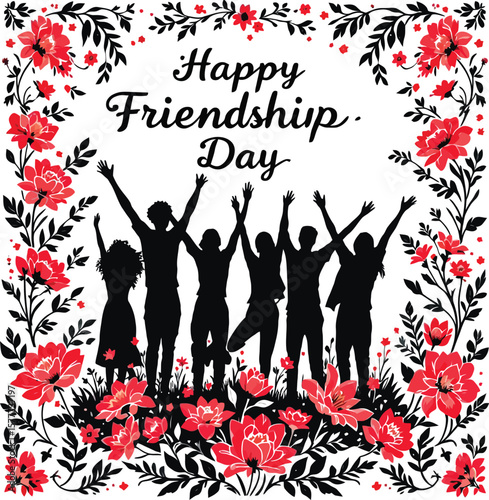 Happy friendship day celebration with friends flowers vector illustration design graphic art image