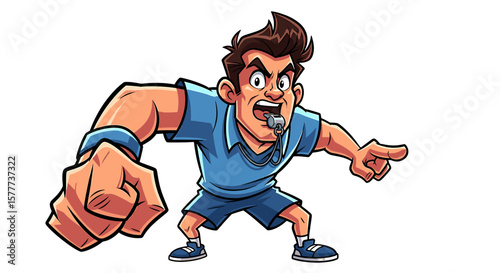 Cartoon coach with a whistle pointing and clenching his fist, showing determination.