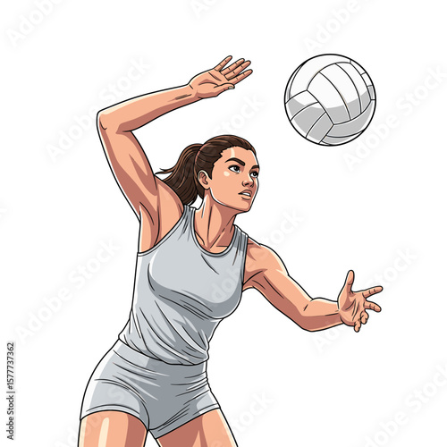 A female volleyball player is setting the ball with her hands, ready to pass it to a teammate.