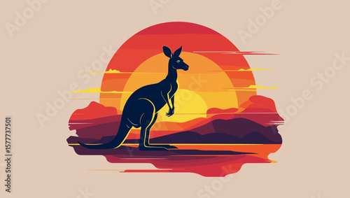 Bold illustration of a kangaroo against a vibrant sunset backdrop
