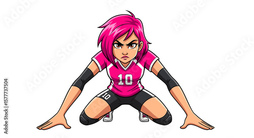 A determined female volleyball player in a ready stance, focused and intense.