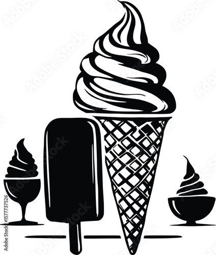 Ice cream desserts vector black and white illustration cone sundae popsicle sweet treat design graphic art