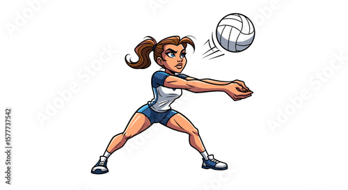 Cartoon illustration of a female volleyball player bumping a volleyball with her forearms.