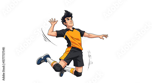 Cartoon illustration of a male volleyball player leaping to spike the ball in mid-air.