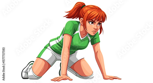 Determined female soccer player in green jersey, kneeling, ready for action.