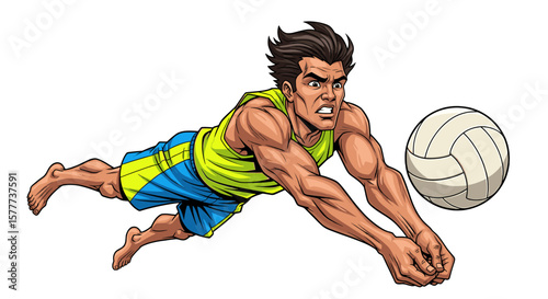 Muscular beach volleyball player dives dramatically to save a point, intense focus on his face.