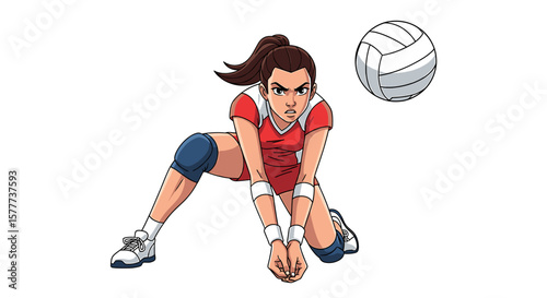 A determined volleyball player prepares to receive the ball during a game.