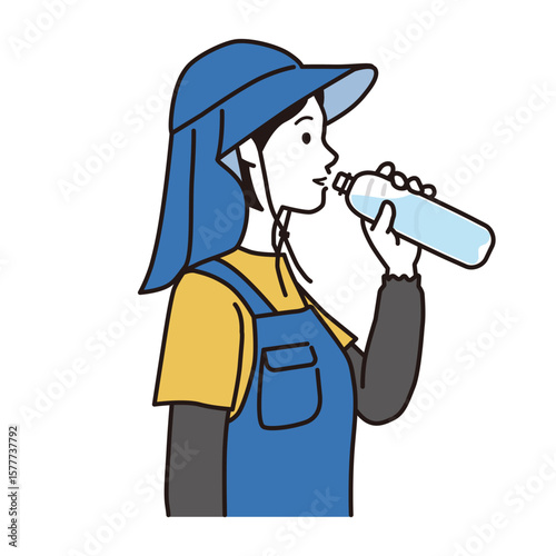熱中症対策でペットボトルの水を飲む農作業の女性　シンプルなイラスト