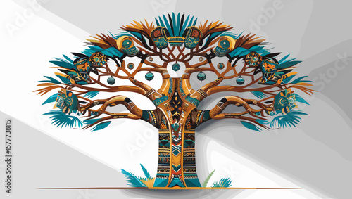 Stylized artistic tree illustration with intricate patterns and vibrant colors