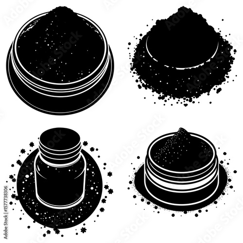 Illustration of black powder in containers and spilled with a white background in vector format