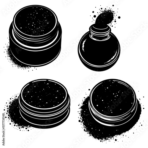 Illustration of four cosmetic containers with black contents and splatter effects on a white background