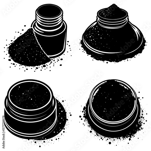 Illustration of four open containers filled with dark granular substance in black and white style